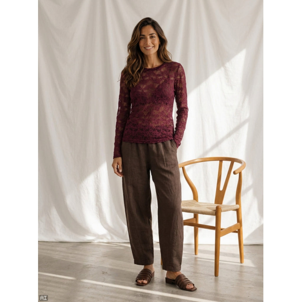 MARTA DU CHATEAU Marta du Chateau Dam långärmad spets t-shirt MdcPrimula 8941 LS Tee Bordeaux